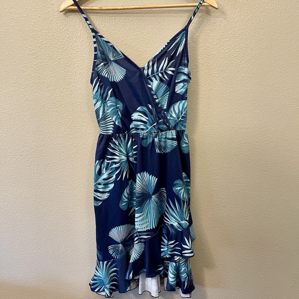 Tropical Sundress Blue Teal Strappy Stretch Waist Ruffle Hem Vacation Beach Sz S
